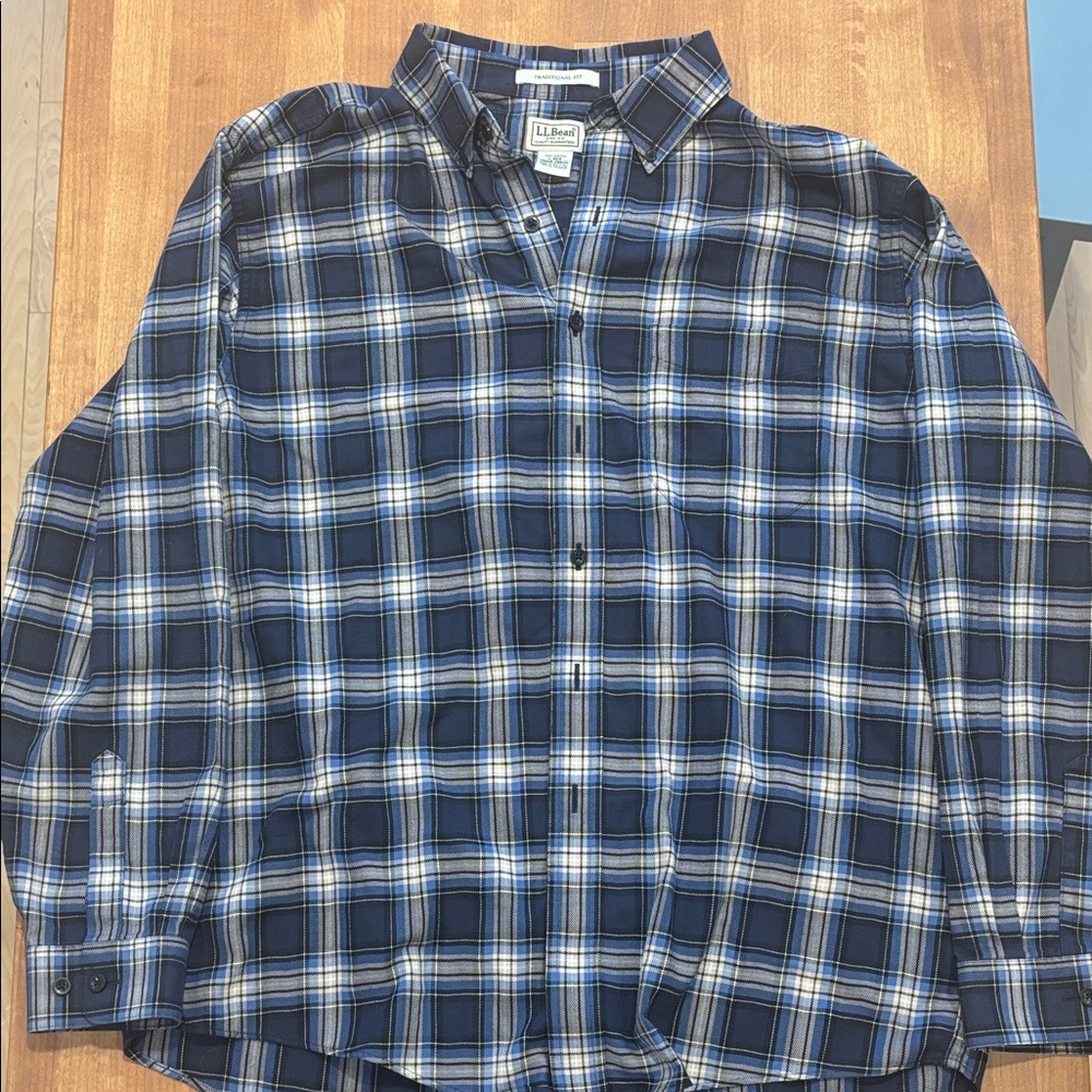 L.L. Bean Men's Navy and White Plaid Button-Down Shirt